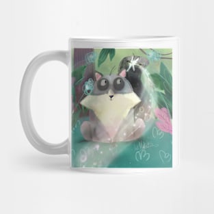 Raccoon says hi to dragonfly Mug